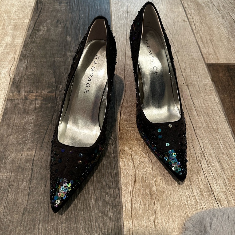 NWOT Rampage Gorgeous Black with Multicolor Sequin High Heel Pointed Shoes - Picture 10 of 17